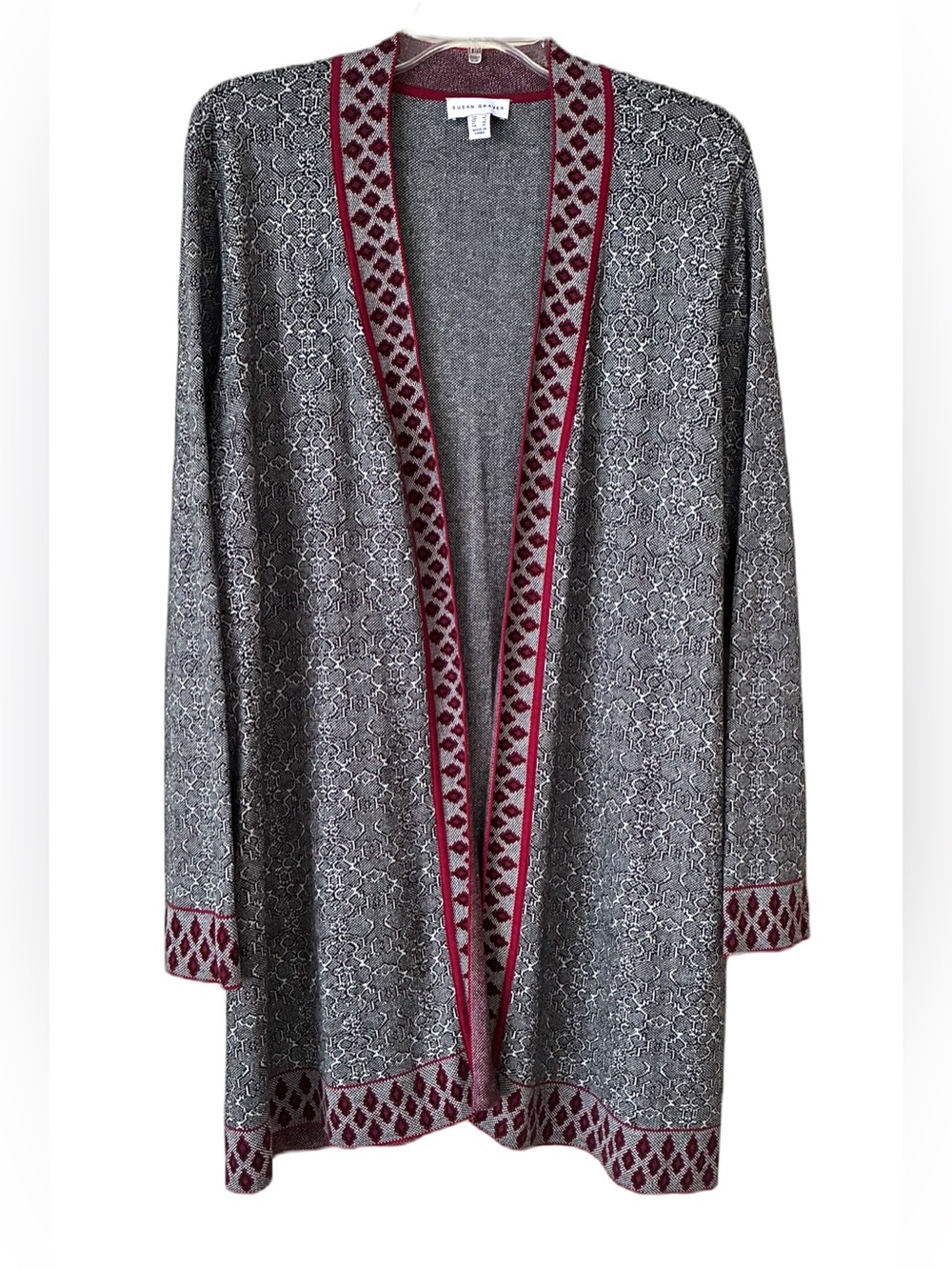 Susan Graver Long Cardigan, Sz. L, Gray/Black Pattern w/ Burgundy Border